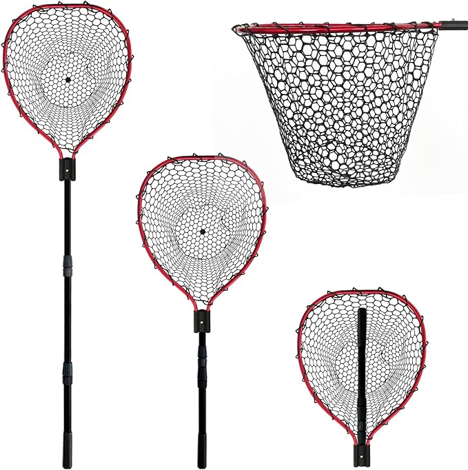 Telescoping Metal Lock Fishing Net with Handle Red Green 64" 52" 3-Section Rubber Fish Net - Adjustable Length Lightweight Foldable Large Big Collapsible Extendable Fishing Net