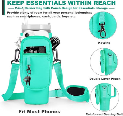 Water Bottle Carrier Bag with Phone Pocket for Stanley 40 & 30 oz Tumbler with Handle,Pink Insulated Neoprene Cup Holder Pouch w/Adjustable Strap for Quencher H2.0 Stanley Cup Accessories