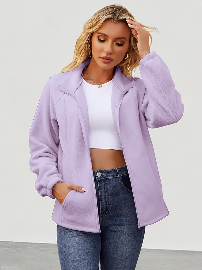 Womens Zip Up Fleece Jacket With 6 Pockets Casual Long Sleeve Fall Winter Fashion Outfits Clothes 2025