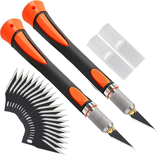 FOSHIO 2 Pack Precision Craft Knife Set with 20 Pieces Replacement Blades, Ergonomic Non-Slip Handle Hobby Knife with Protective Cover for Art, Craft Scrapbooking, Stencil (Orange)