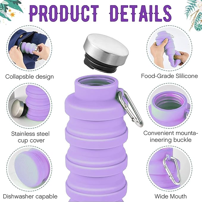Collapsible Water Bottle,4 Pcs BPA Free Reuseable Silicone Foldable Leakproof 16oz Water Bottles,Portable Lightweight Water Bottles with Carabiner for Travel Gym Camping,Hiking Outdoor Indoor Sports