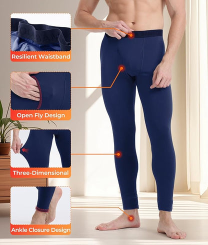 Men's Heavyweight Thermal Underwear Long Johns Bottom with Soft Wool Lining, Stretch Comfortable Base Layer for Cold Weather