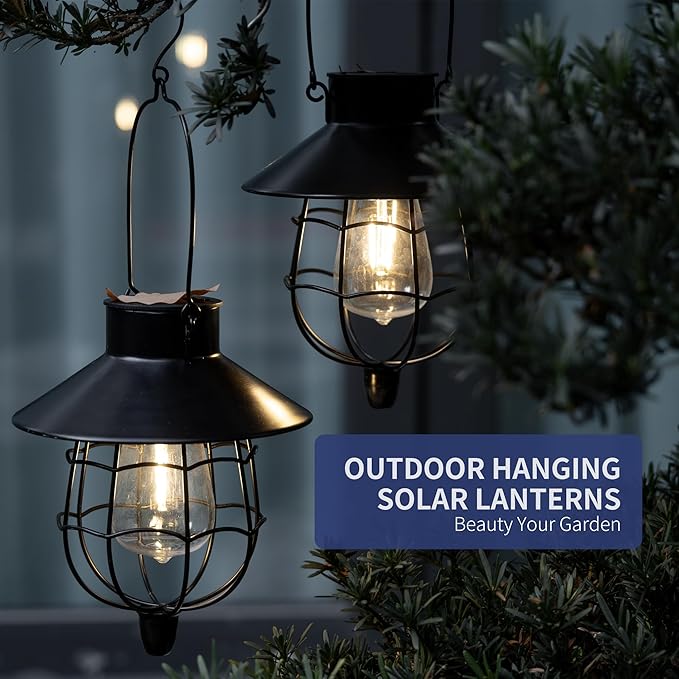 2 Pack Solar Lanterns Outdoor Waterproof Hanging Solar Lights with Vintage Metal Warm White Light Edison Bulb Design, Decorate for Garden Yard Porch and Christmas(Black)