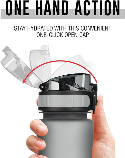 Tritan Sports Water Bottle with Magnetic Silicone Carry Strap & One Click Open Cap - Magnetic Drink Holder for Metal Equipment - Bottle w/Straps for Backpack, Belt & More (30oz, Onyx Black)