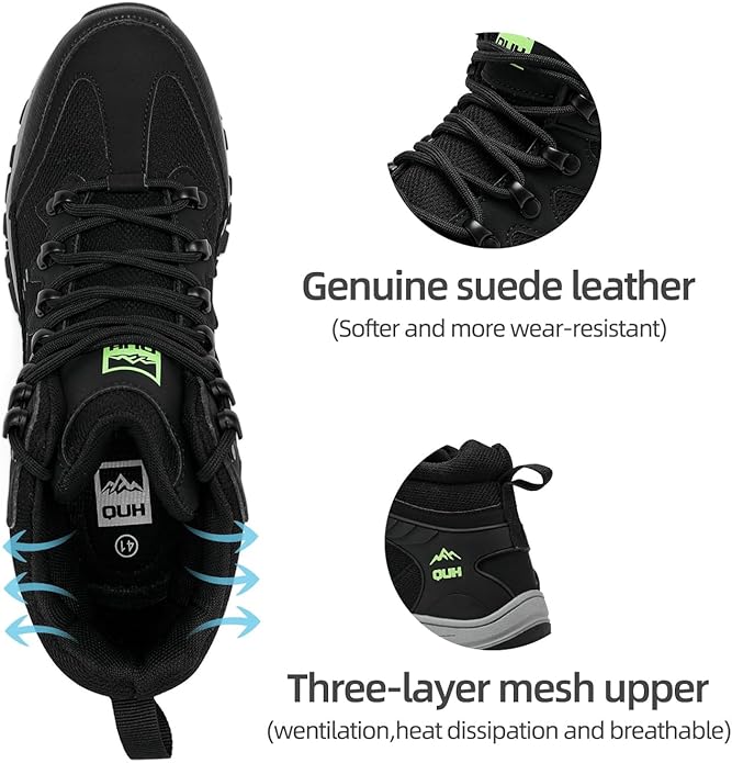 QUH Men's Outdoor Hiking Shoes Breathable Waterproof Non-Slip Mid-Cut Sports Shoes for Fitness, Outdoor Camping, Walking