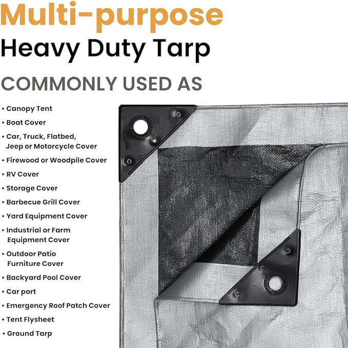 WHITEDUCK Super Heavy Duty Poly Tarp Cover 16 Mil & 10 Mil with Grommets and Reinforced Edges (Brown, White & Silver Black) (Silver Black- 16 Mil, 12' x 20')