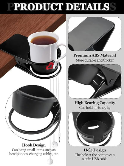 2PCS Drinking Cup Holder Clips, Kalolary Table Edge Cup Holder Clip Water Coffee Mug Holder Clip Desk Bottle Cup Stand Clip with Groove for Home & Office & Schoo (Black New)