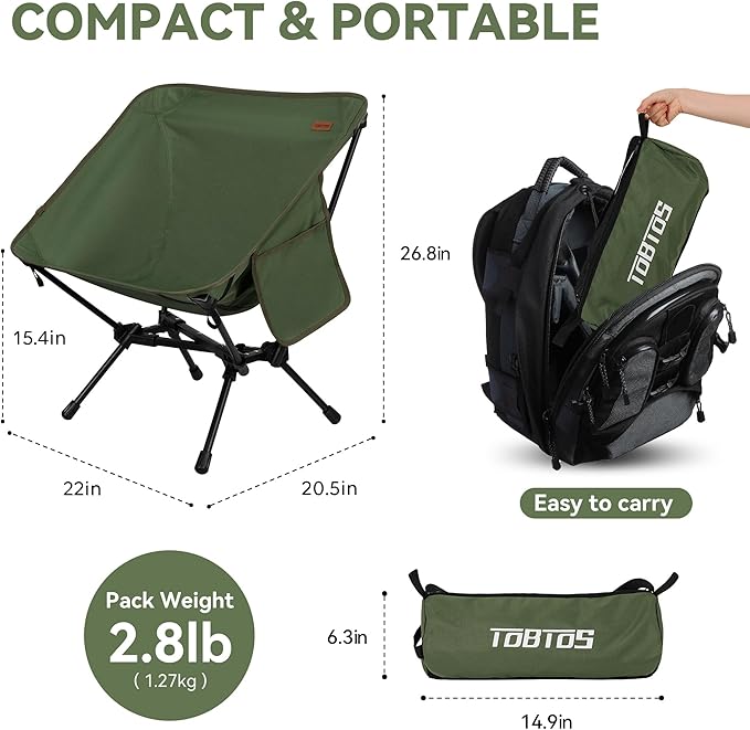 TOBTOS 2 Pack Ultralight Camping Chair, Portable Folding Backpacking Chair, Compact Camping Chair with Carry Bag for Outdoor Camp Hiking Backpack Beach Travel (Green)