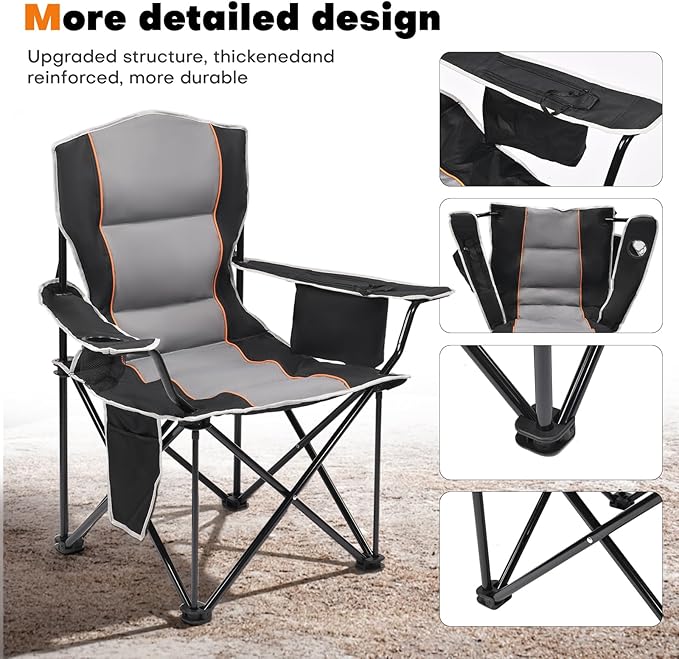 XMT Premium Padded Folding Chair, Extra Wide & Heavy Duty 450lbs Capacity, Portable Camping Chair with Insulated Cooler, Cup Holder & Storage, Compact Foldable for Outdoor, Beach, Picnics