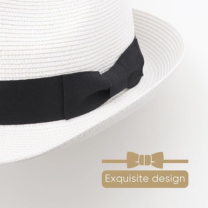 DRESHOW Women Straw Sun Hat Short Brim Panama Travel Fedora Beach Cap Roll up Summer Hat for Women Men UPF 50+