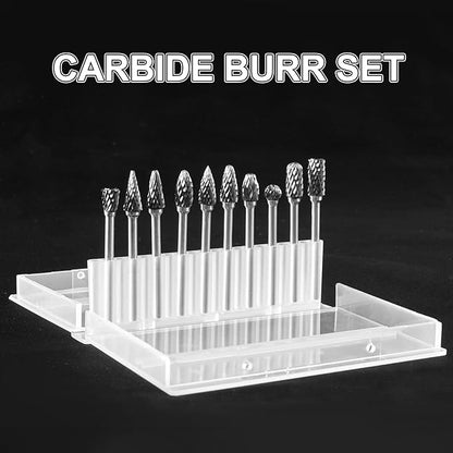 Tungsten Carbide Burr Set, 1/8" Shank 10PC Double Cut Die Grinder Rotary Tool Cutting Burrs Set for Metal and Wood Working Carving, Engraving, Polishing, Grinding with Clear Storage Case