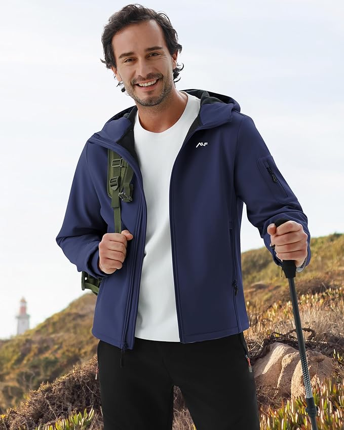 WULFUL Men's Lightweight Softshell Jacket Warm Fleece Lined Windbreaker Waterproof Soft Shell for Outdoor Hiking