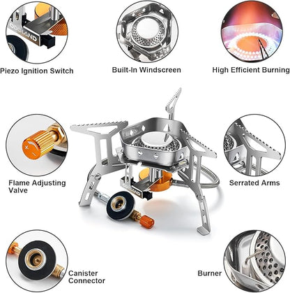 Odoland 3500W/6800W Windproof Camp Stove Camping Gas Stove with Fuel Canister Adapter, Piezo Ignition, Carry Case, Portable Collapsible Stove Burner for Outdoor Backpacking Hiking and Picnic