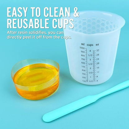Silicone Resin Mixing 1L Measuring Cup Set for Resin Supplies, Easy-to-Read Marks, 1000ml/32oz Large Cup, Thickened Reusable Silicone Cups for Epoxy Mixing, Jewelry Making