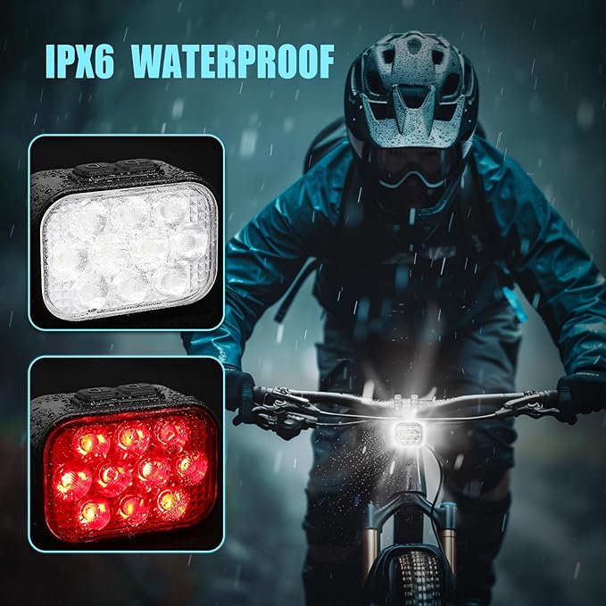 BUCKLOS Bike Lights Front and Back for Night Riding, 10 LED Ultra Bright 8+9 Modes USB Rechargeable Bicycle Headlight and Tail, IPX6 Waterproof 1100mAh Bikes Light Set, 35 Hrs Long Battery Powered