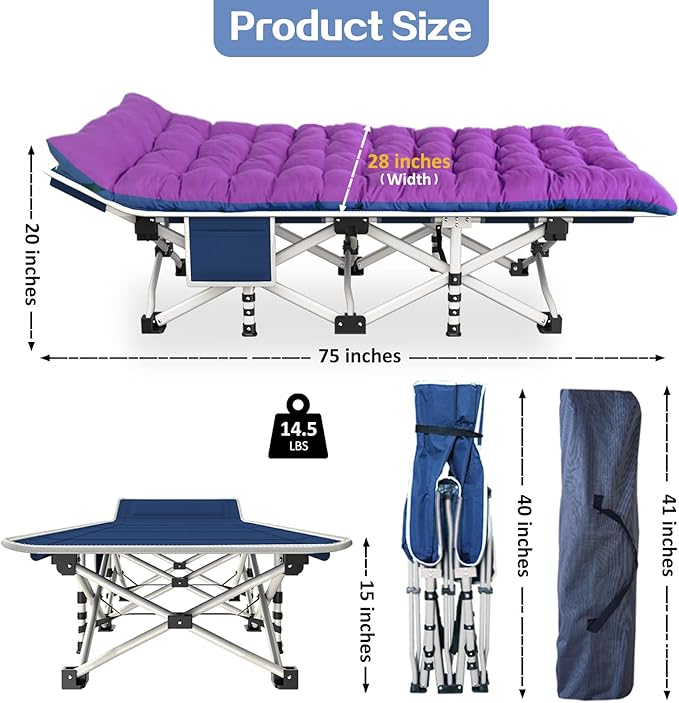 Camping Cot with Comfortable Mattress Cots for Camping with Pad Heavy Duty Camping Bed Sleeping Cot with Carry Bag Folding Cots for Adults Home Office Nap Vocation Outdoor Indoor Easy to Set Up