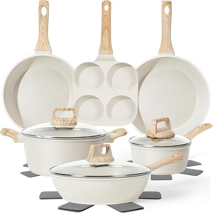 13 Pcs Pots and Pans Set, Nonstick Cookware Sets White Granite Induction Cookware, Non-toxic Healthy Non stick Kitchen Cooking Set with Frying Pans Set, Saucepans (PFAS/PFOA/PFOS Free)