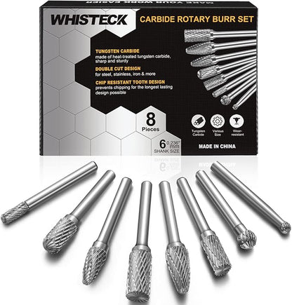 Carbide Burr Set, 8Pcs Double Cut Tungsten Carbide Rotary Burr set, 1/4 inch Shank Die Grinder Bits, Carbide Rotary File for Metal Wood Carving, Engraving, Polishing,Drilling