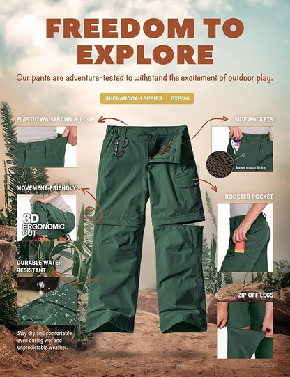 CQR Kids Youth Hiking Cargo Pants, UPF 50+ Quick Dry Convertible Zip Off Pants, Outdoor Camping Pants