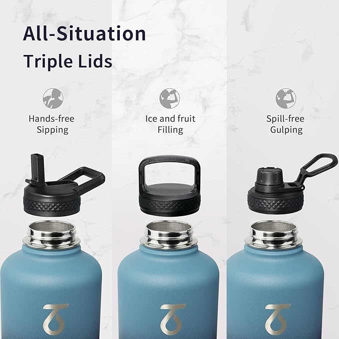 Trebo Water Bottle 64oz with Paracord Handle, Half Gallon Large Vacuum Double Wall Stainless Steel Insulated Water Jug with Holder Strap Straw Spout Lids, Leakproof Keep Cold & Hot, Indigo/Black