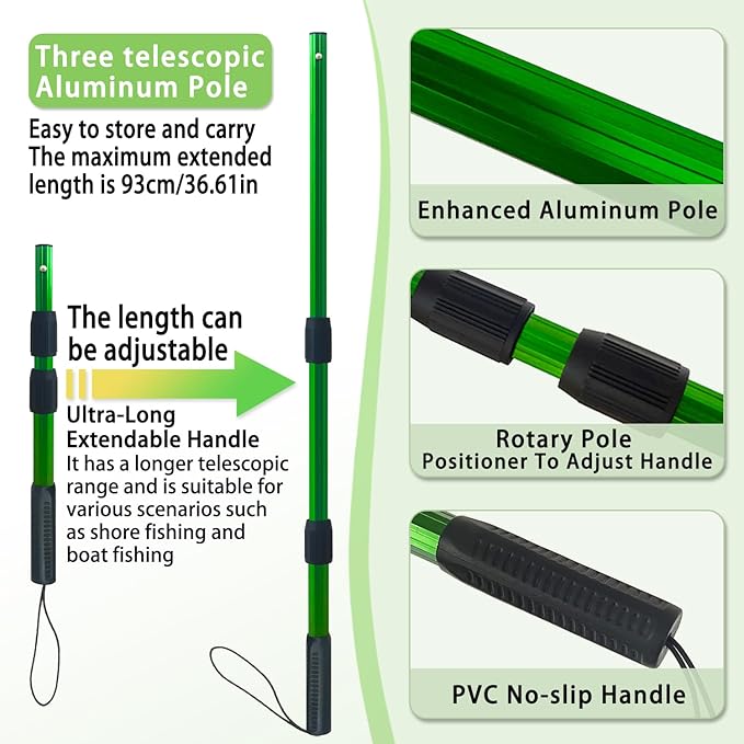 Telescoping Metal Lock Fishing Net with Handle Red Green 64" 52" 3-Section Rubber Fish Net - Adjustable Length Lightweight Foldable Large Big Collapsible Extendable Fishing Net