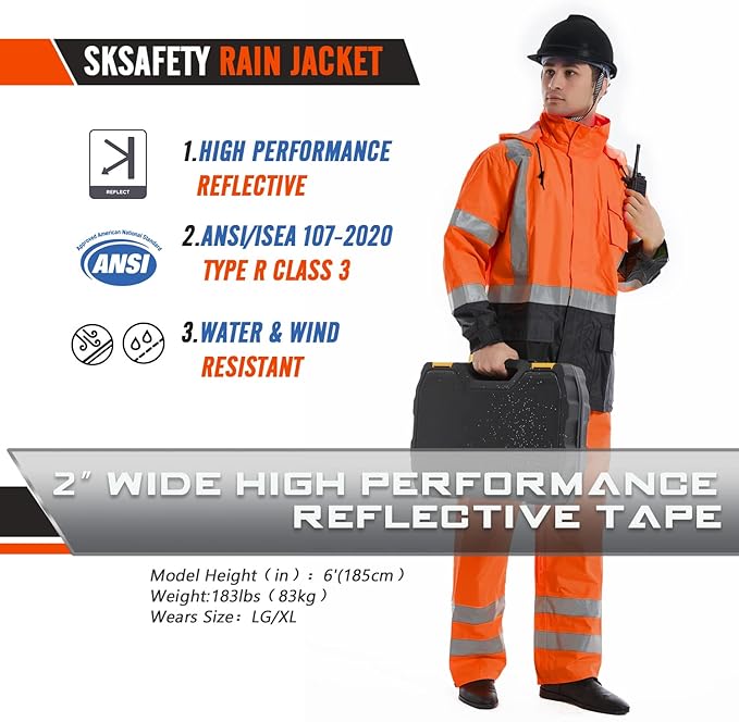 SKSAFETY Hi Vis Reflective Rain suits for Men Waterproof - High Vis Safety Rain Jacket, High Visibility Raincoat for Men