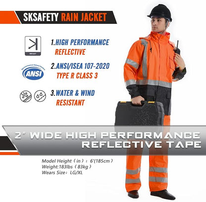 SKSAFETY Hi Vis Reflective Rain suits for Men Waterproof - High Vis Safety Rain Jacket, High Visibility Raincoat for Men