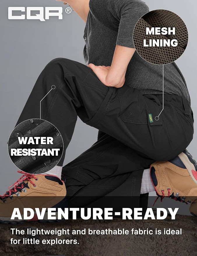 CQR Kids Youth Hiking Cargo Pants, UPF 50+ Quick Dry Convertible Zip Off Pants, Outdoor Camping Pants