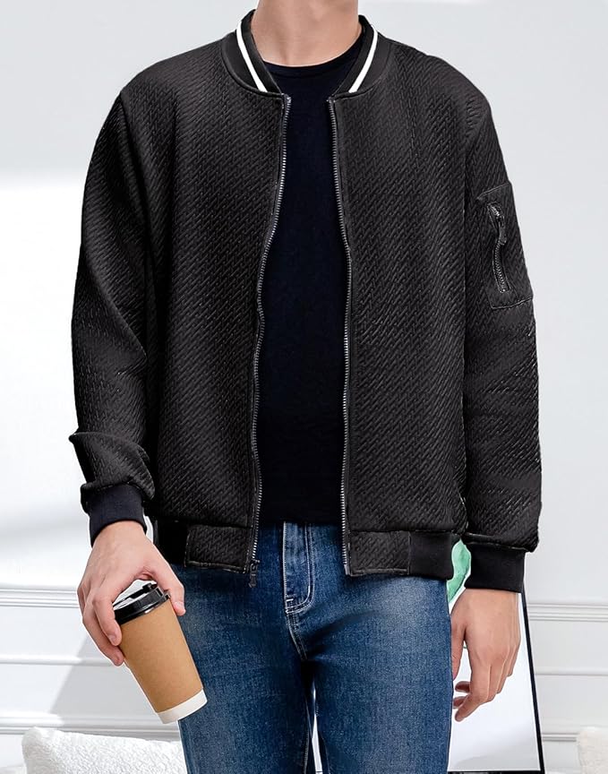 Mens Casual Jacket Loose Fit Lightweight Jacket Varsity Bomber Jacket with Zipper