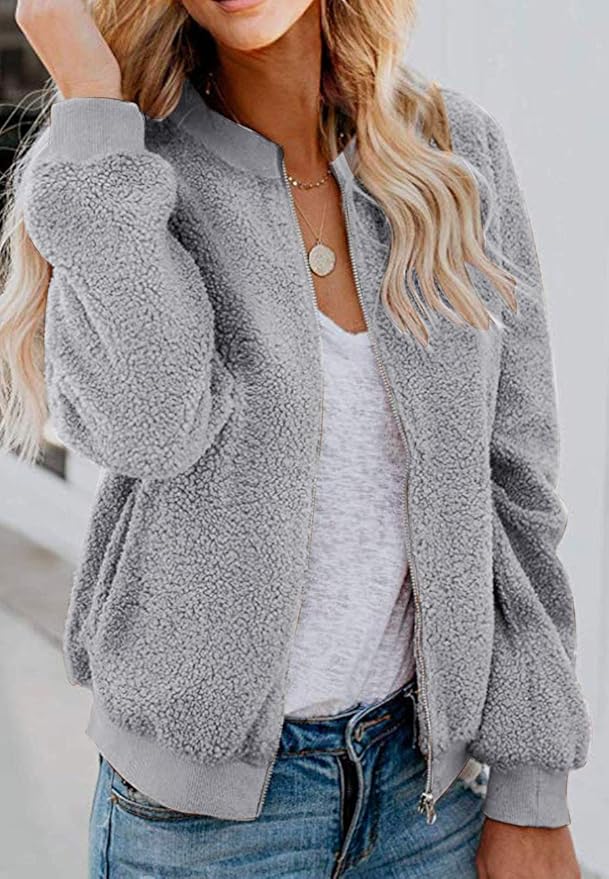 MIROL Women's Fall Trendy Fleece Jacket Faux Sherpa Fuzzy Casual Long Sleeve Zip Up Loose Fit Bomber Winter Coat
