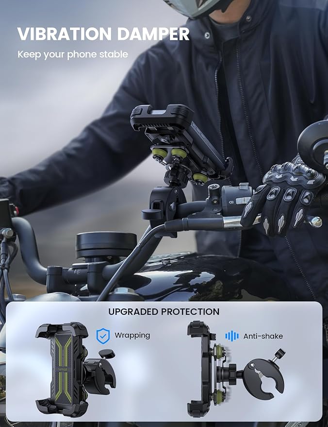 Lamicall Motorcycle Phone Mount Holder - [Dual Vibration Dampener] [Upgrade Handlebar Clip] Motorcycle Cell Phone Holder, Bike Phone Mount, Fit iPhone 16/15/14/13 Pro Max, 4.7-6.7" Phones, Green