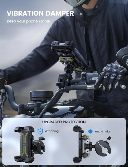 Lamicall Motorcycle Phone Mount Holder - [Dual Vibration Dampener] [Upgrade Handlebar Clip] Motorcycle Cell Phone Holder, Bike Phone Mount, Fit iPhone 16/15/14/13 Pro Max, 4.7-6.7" Phones, Green