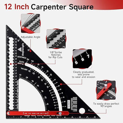 12 Inch Aluminum Carpenter Square, Woodworking Adjustable Rafter Framing Square, Measuring Angle Large Triangle Ruler Layout Tool, Multifunctional Carpentry Square, Gift for Carpenters