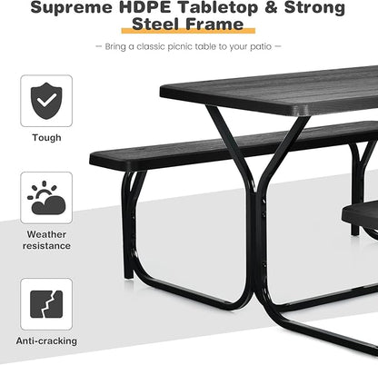 Tangkula Picnic Table Bench Set, Outdoor Picnic Table with 2 Benches, Metal Camping Table with Plastic Wood-Like Texture Tabletop & Steel Frame, Ideal for Picnic, Party, Garden, Lawn (Black)