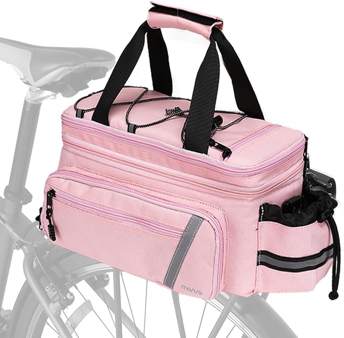 MOSISO Bike Rack Bag with Rain Cover, Bike Trunk Cooler Handag Insulated Bicycle Rear Seat Pouch with 2 Side Foldable Panniers, 8L Cycling Backseat Storage Cargo Saddle Shoulder Bag, Pink