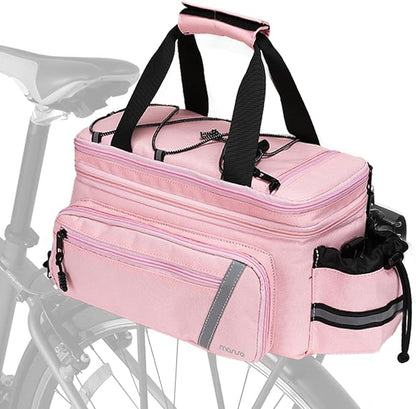 MOSISO Bike Rack Bag with Rain Cover, Bike Trunk Cooler Handag Insulated Bicycle Rear Seat Pouch with 2 Side Foldable Panniers, 8L Cycling Backseat Storage Cargo Saddle Shoulder Bag, Pink