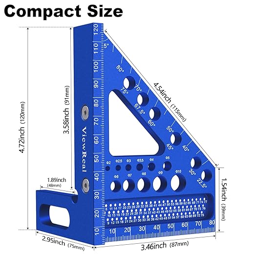Aluminum Carpenter Square with 3D Multi-Angle Layout Measuring Ruler - Upgraded Pin Pivot Design for Secure Storage, Woodworking Squares Compact Woodworking Tool(Metric)