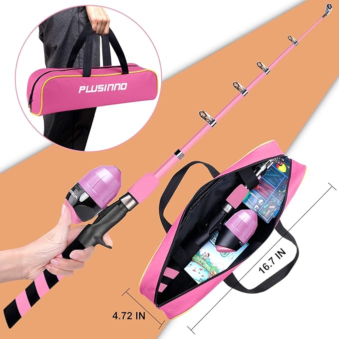 PLUSINNO Kids Fishing Pole, Portable Telescopic Fishing Rod and Reel Combo Kit - with Spincast Fishing Reel Tackle Box for Boys, Girls, Youth