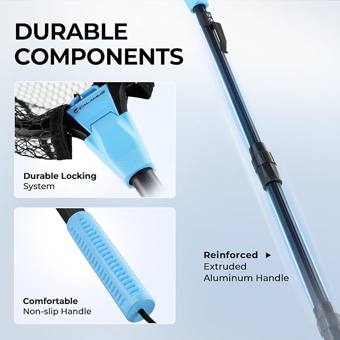 Calamus Triangle Fishing Net, Foldable, Lightweight & Strong Landing Net with Non-Slip Elastomer Handle, Built-in Elastic Lanyard and Belt Clip, Fishing Gear - Gift for Men