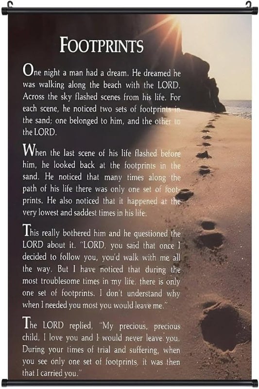 Footprints in the Sand Religious Canvas Wall Art Posters, Inspirational Beach Sunset Poem Print Poster (Black Axis 24x36inch, Footprints(7))