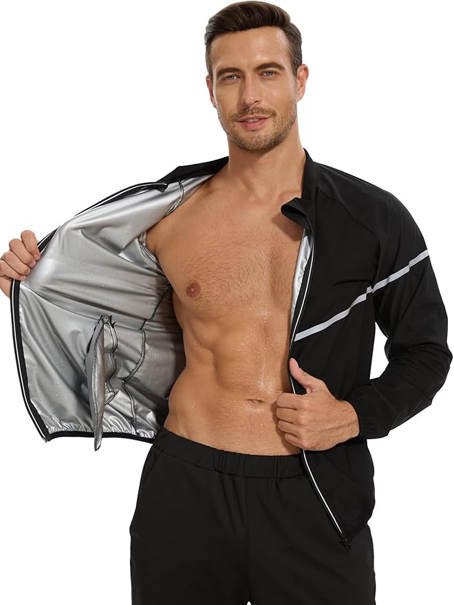 NINGMI Sauna Suit for Men Sweat - Long Sleeve Shirt Jacket Workout Body Shaper Zipper Top Slimming Fitness Trainer Gym