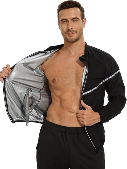 NINGMI Sauna Suit for Men Sweat - Long Sleeve Shirt Jacket Workout Body Shaper Zipper Top Slimming Fitness Trainer Gym