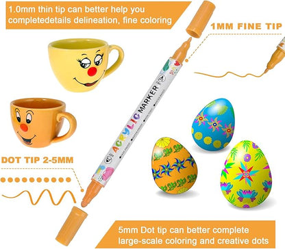 24 Colors Acrylic Paint Pens, Dual Tip Acrylic Paint Markers for Paper, Wood, Canvas, Stone, Rock Painting, Glass, Fabric, DIY, Ceramic, Art Supplies for Kids and Adults Drawing (Dot + Fine)