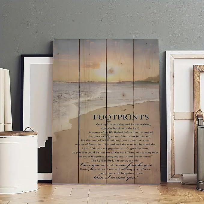 Footprints in the Sand Religious Canvas Wall Art Posters, Inspirational Beach Sunset Poem Print Poster (Framed 12x18inch, Footprints(1))