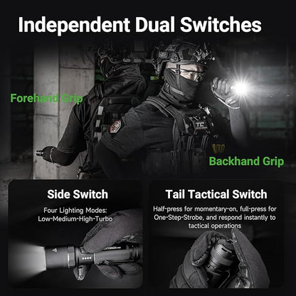 NEXTORCH P91 Tactical Flashlight High Lumens, 5000 Lumens Dual Switch Rechargeable Flashlight with 6 Modes & Strobe & Ceramic Glass Breaker for Night Duty, Breakout Operations, Tactical Training, etc