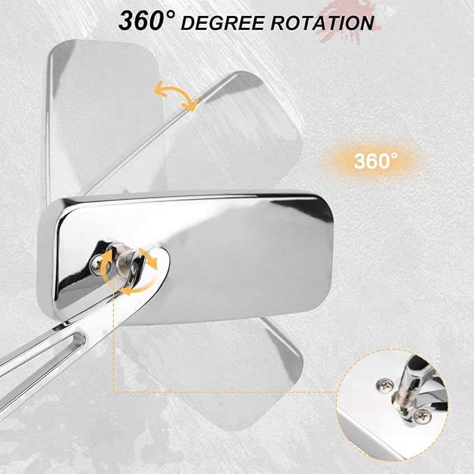 Motorcycle Rectangle Rearview Mirror 8mm 10mm Blue Lens Side Mirrors 360 Degree Chrome Universal Replacement for Harley Softail Touring Sportster Cruiser Street Bike Scooter Chopper