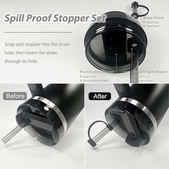 Stanley Cup Accessories Set: Silicone Spill Proof Stopper, Straw Cover Cap, Silicone Boot for 40oz & 30oz Tumbler (BLACK)