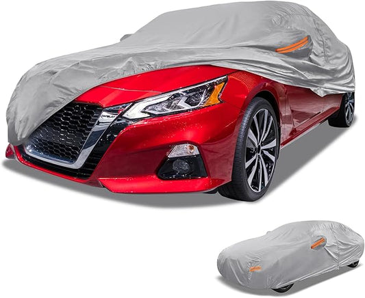 Universal Car Cover Waterproof All Weather 190T-PU, UV Sun Rain Protection, Fits for Sedan Length 199"-208", with Left Side Zipper, Silver Tone