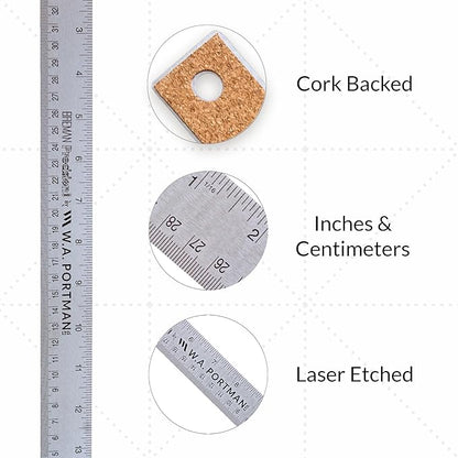 Breman Precision Metal Ruler 15 Inch Cork Back – Stainless Steel Straight Edge, Flexible Non-Slip Metal Ruler with Cork Backing – Imperial & Metric for Crafting, School, Workshop & Home Use