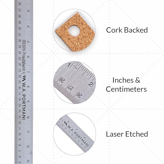 Breman Precision Metal Ruler 15 Inch Cork Back – 2 Pk Stainless Steel Straight Edge, Flexible Non-Slip Metal Ruler with Cork Backing – Imperial & Metric for Crafting, School, Workshop & Home Use
